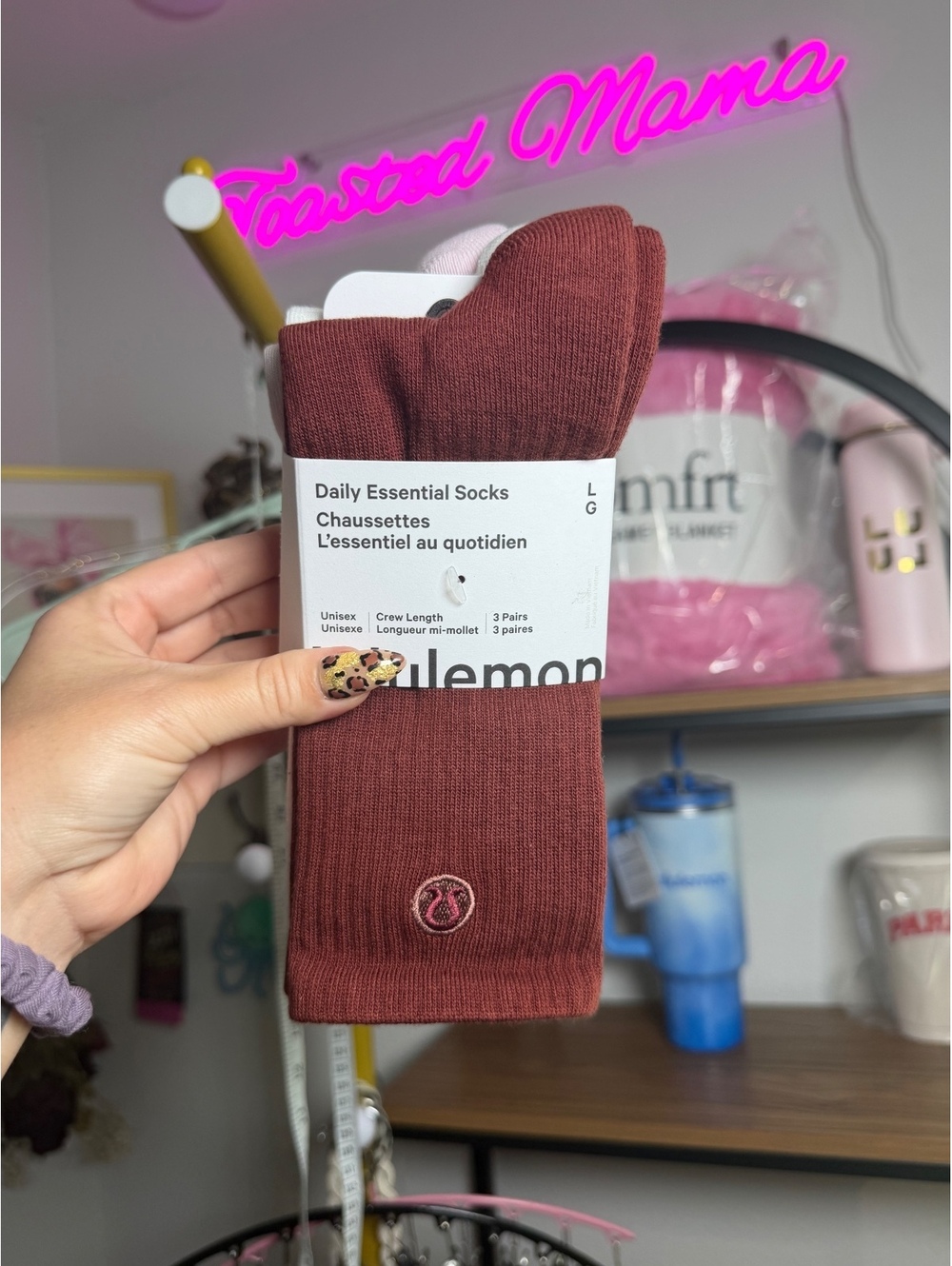 Lululemon Daily Essential Crew Socks 3-Pack Rosewood, White, Blissful Pink Large